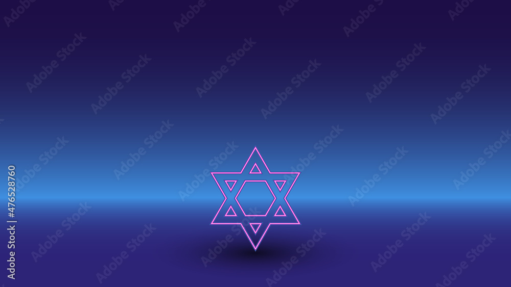 Neon star of David symbol on a gradient blue background. The isolated symbol is located in the bottom center. Gradient blue with light blue skyline Neon star of David symbol on a gradient blue background. The isolated symbol is located in the bottom center. Gradient blue with light blue skyline