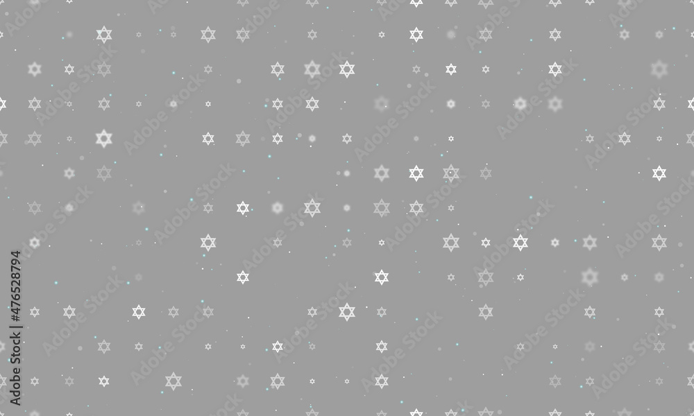 Seamless background pattern of evenly spaced white star of David symbols of different sizes and opacity. Vector illustration on gray background with stars