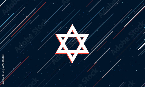 Large white star of David symbol framed in red in the center. The effect of flying through the stars. Vector illustration on a dark blue background with stars and slanted lines