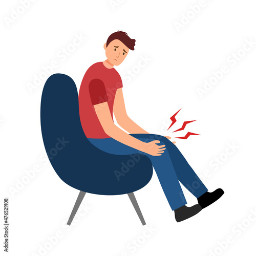 Young man have knee pain, leg pain in flat design on white background. Guy use hand touching on leg and massage to relax his muscle.