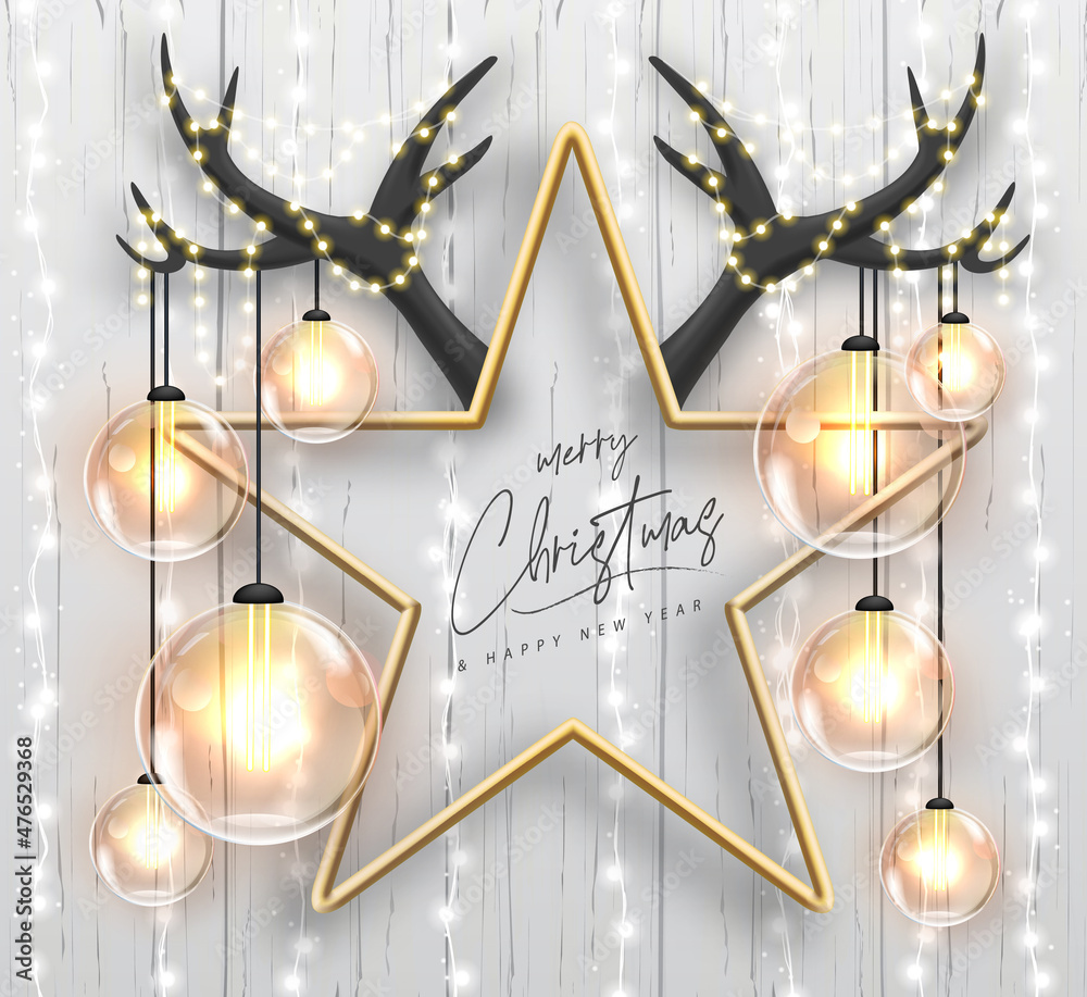 Merry Christmas and happy New Year poster with christmas holiday decorations. Christmas holiday background. Star shape with horns. Vector illustration