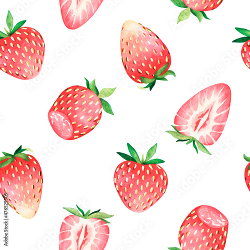 Seamless strawberry pattern. Watercolor illustration. Isolated on a white background. For design.