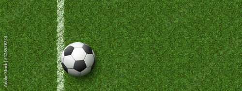 Soccer ball on field with green grass and white line. Vector realistic background with texture of stadium floor surface  lawn court for football  top view of sport playground