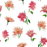 Watercolor seamless pattern with flowers of chrysanthemums. Bright hand-drawn illustration perfect for fabric, textile, for design of flower shop, wrapping paper. For the wedding, Valentine's Day.