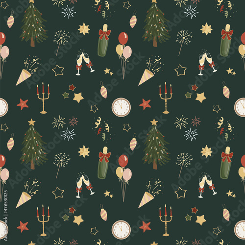 New Year elements hand drawn seamless pattern on dark green background