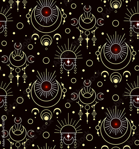 Seamless luxury galaxy esoteric pattern. Yellow geometric contour sacred ornaments. Vector magic texture with stars and dots on dark background.