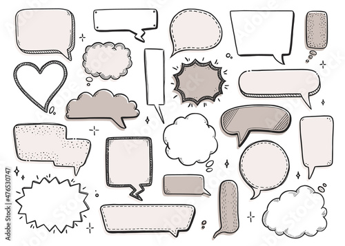 Comic speech bubble set with round, star, cloud shape. Hand drawn sketch doodle style. Vector illustration speech bubble chat, message element for quote text.