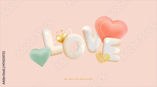 Valentine's day background. 3d word Love with hearts. Holiday banner, poster, card.