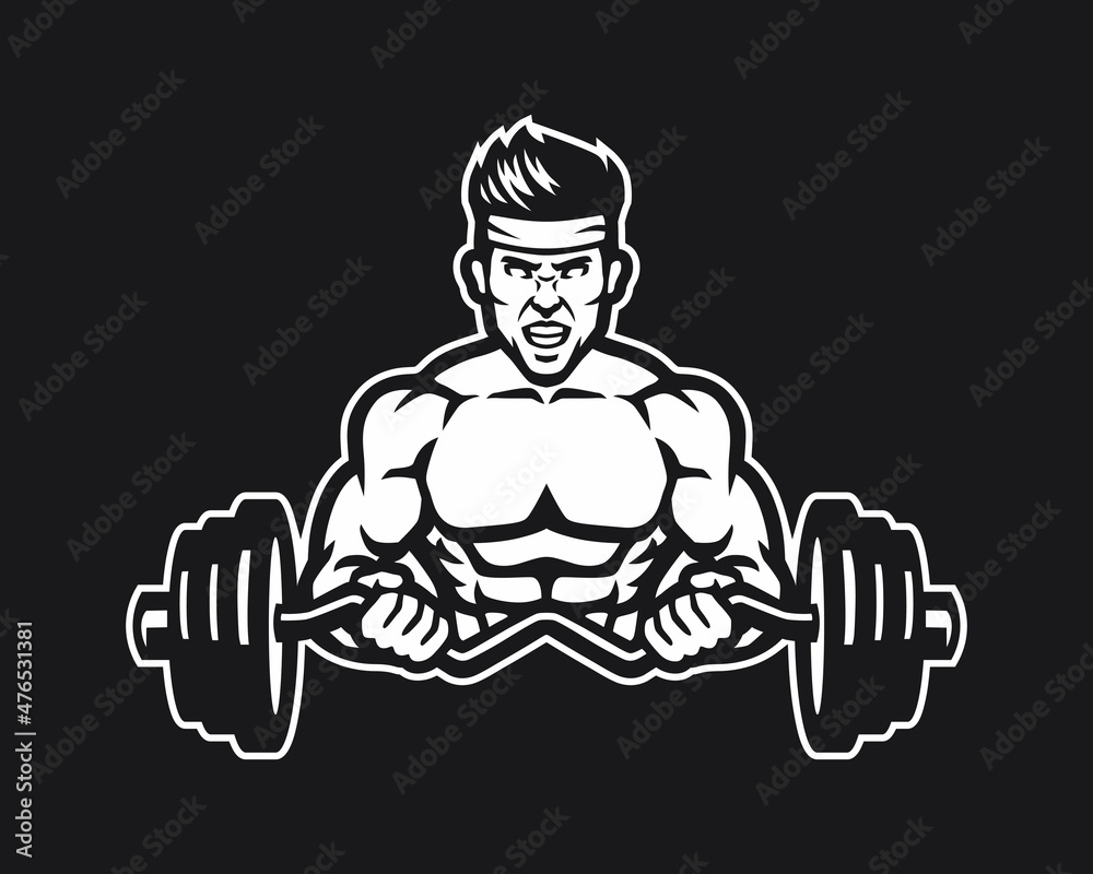 Fitness Gym illustration design template with exercising athletic man isolated on white background. Strong human with weightlifting vector image.
