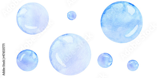 Watercolor light blue water and soap bubbles Round shapes bubbles