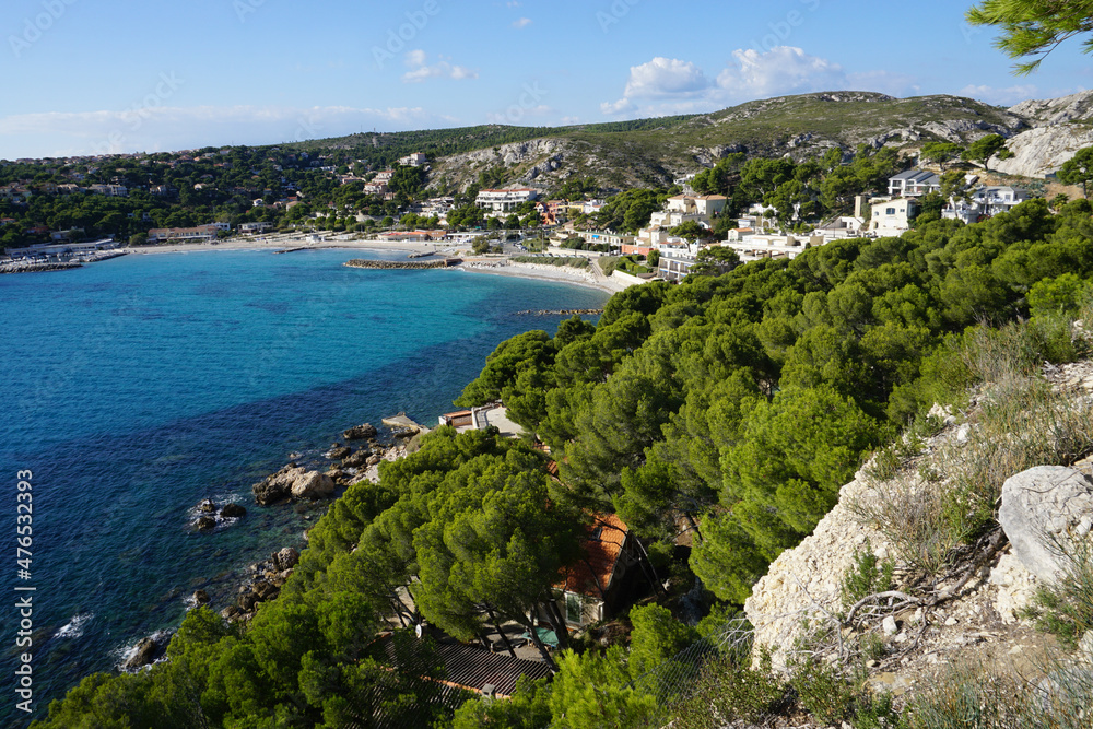panoramic view of the town of carry le rouet and bay in the calanques near marseille france