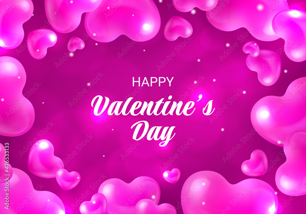 Happy Valentines Day backdrop with heart shaped balloons. Romantic event, sale wallpaper, flyer, invitation with pink glossy 3d hearts realistic vector illustration