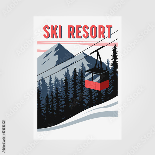 red cable car ski resort poster vintage vector illustration design, snow and red gondola illustration