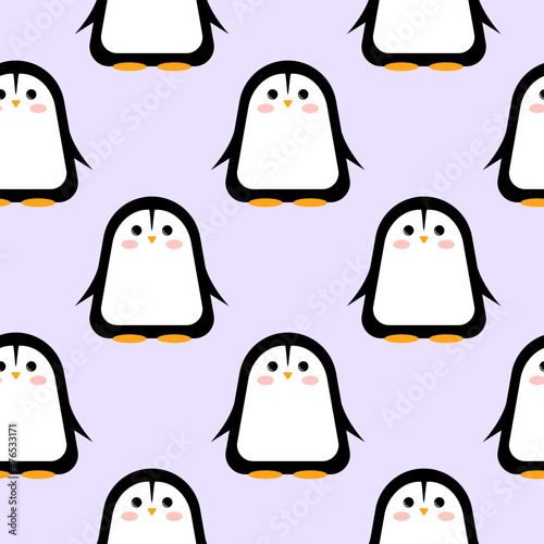 seamless pattern with cute cartoon penguins on purple background, vector illustration