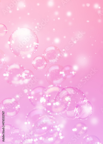 Beautiful Transparent Shiny Pink Soap Bubbles Background. Celebration, White Bokeh Bubbles Backdrop. Christmas Wallpaper.