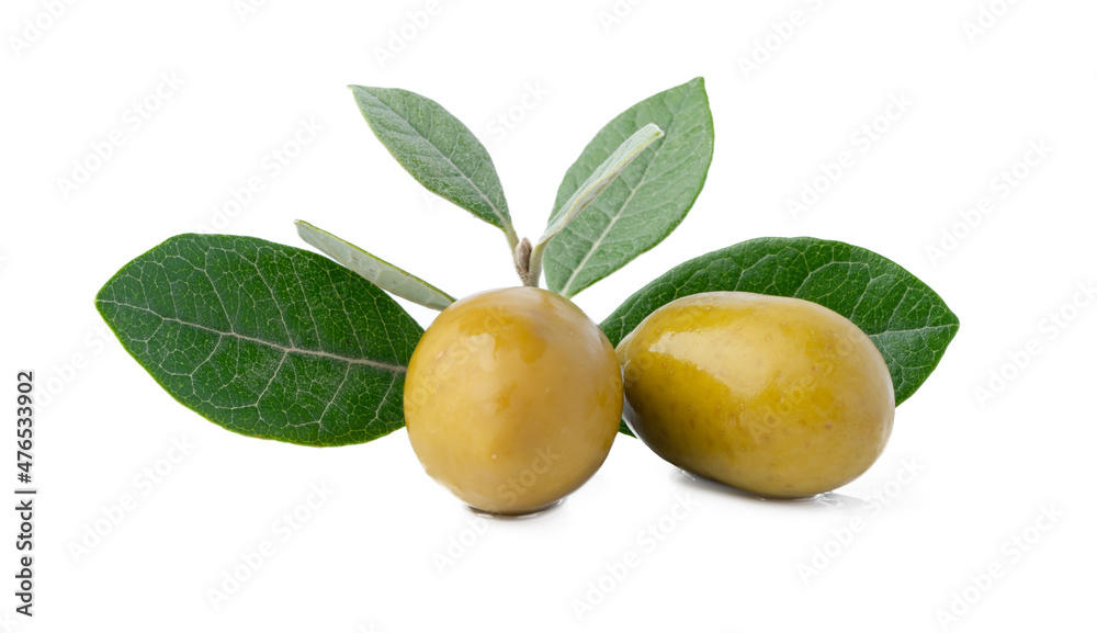 Green olives with leaves isolated on white background.