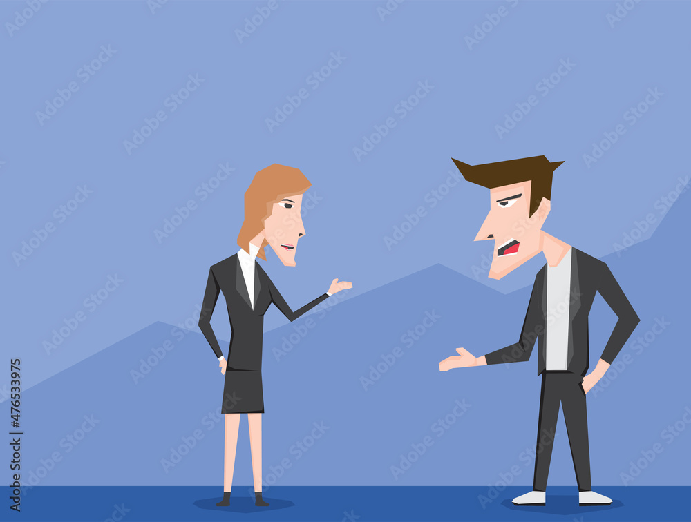 An illustration of business man and woman discuss each other An illustration of business man and woman discuss each other