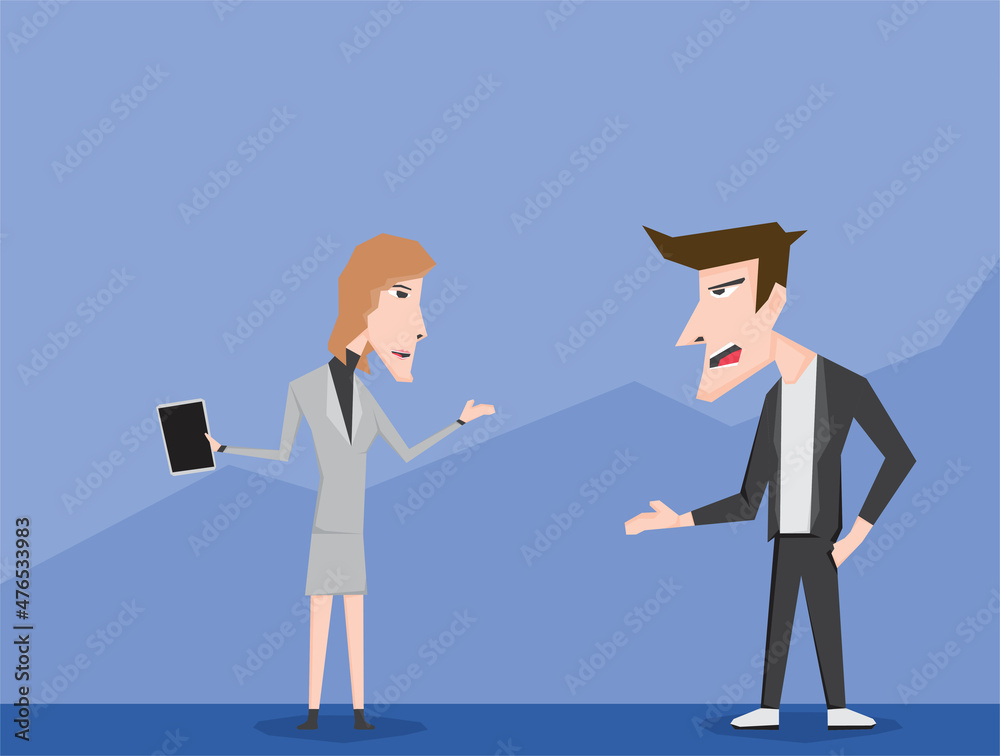 An illustration of business man and woman discuss each other An illustration of business man and woman discuss each other