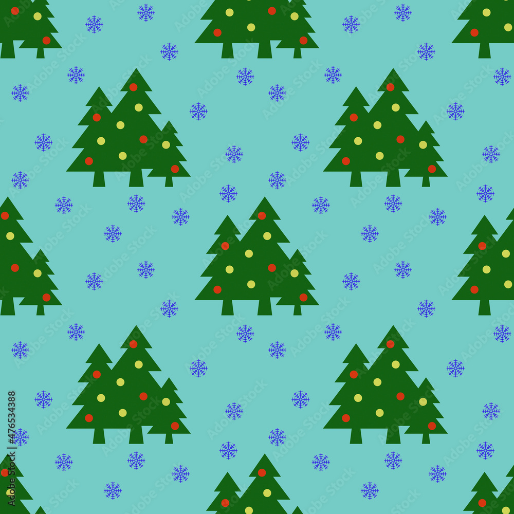 Seamless pattern. Image of green Christmas trees with balls and snowflakes on pastel green blue backgrounds. Symbol of New Year and Christmas. Template for applying to surface. 3D image. 3d rendering