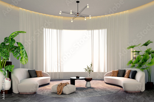 3d rendering,3d illustration, Interior Scene and  Mockup,Two white curved sofas in the living room decorated with a large central window plant. photo