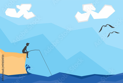 An illustration of silhouette man fishing at the sea