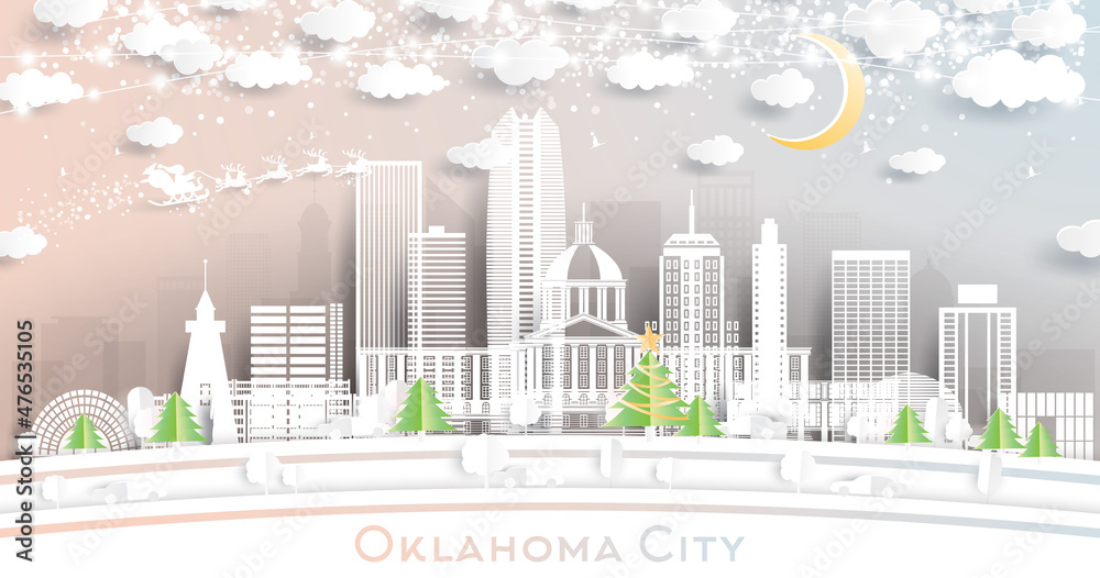 Oklahoma City City Skyline in Paper Cut Style with Snowflakes, Moon and Neon Garland.