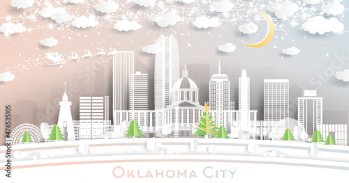 Oklahoma City City Skyline in Paper Cut Style with Snowflakes  Moon and Neon Garland.