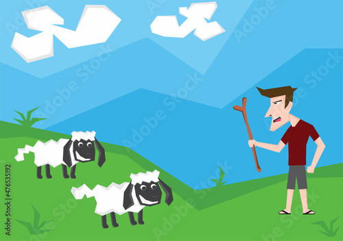 An illustration of a shepherd and his sheep in the green land