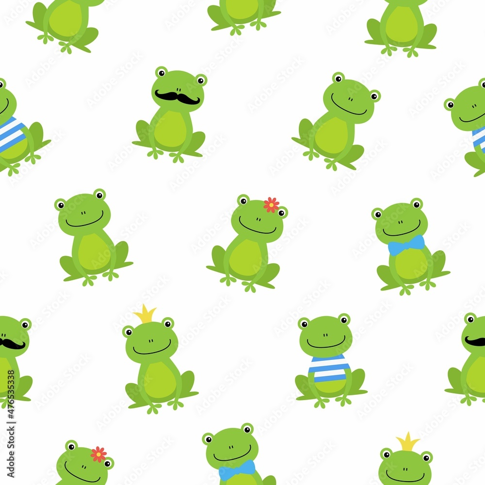 Cute frog vector pattern, seamless pattern, flat frog cartoon on white background Cute frog vector pattern, seamless pattern, flat frog cartoon on white background