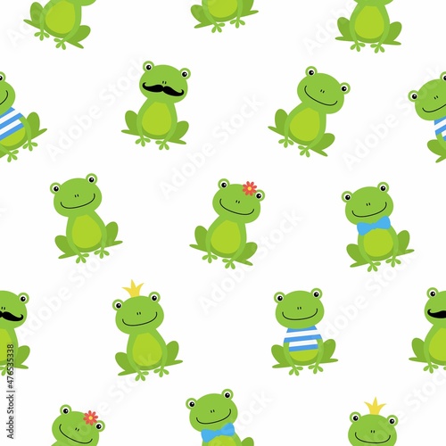 Cute frog vector pattern, seamless pattern, flat frog cartoon on white background