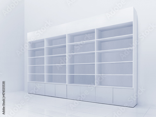 white merchandise shelf display for products showing or display in retail shop