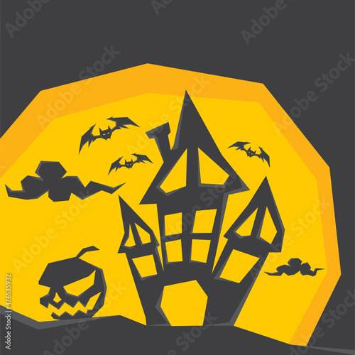 An illustration of silhouette haunted house and halloween pumpkin with moon light behind