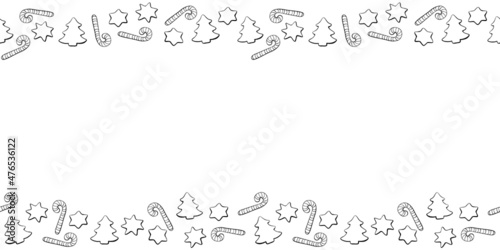 Vector background, frame, border of outline candy canes, stars, Christmas trees. Horizontal top and bottom edging, decoration on theme New Year and xmas.