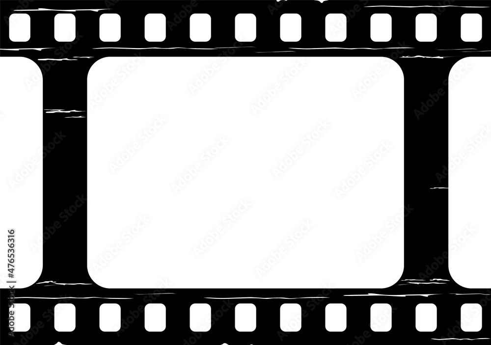 Old frame. Black photo reel. Vintage cinematic border. Close-up cinema  strip with slide on white background. Retro camera roll. Negative of  filmstrip. Vector illustration. Stock Vector