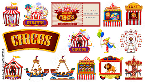Set of circus characters and amusement park elements