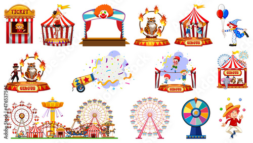 Set of circus characters and amusement park elements