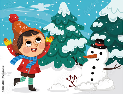Little girl having fun with a snowman in the snow in winter clothes. Vector illustration.
