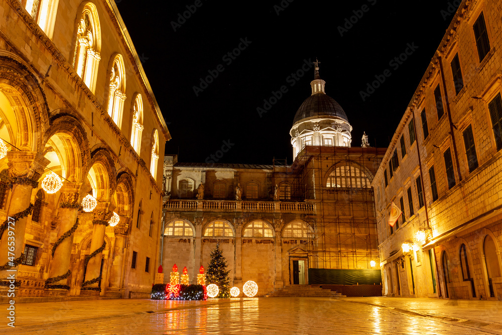 Night view of a narrow street in the historical center of Dubrovnik, Croatia