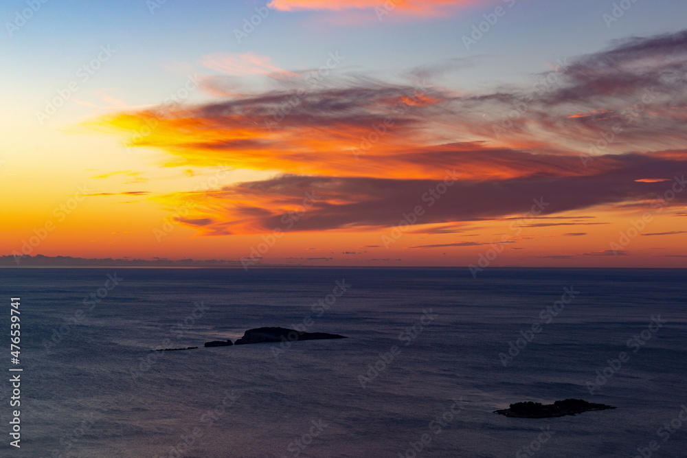 Obraz premium Sunset view from Croatians montains, to the Adriatic Sea with little islands.