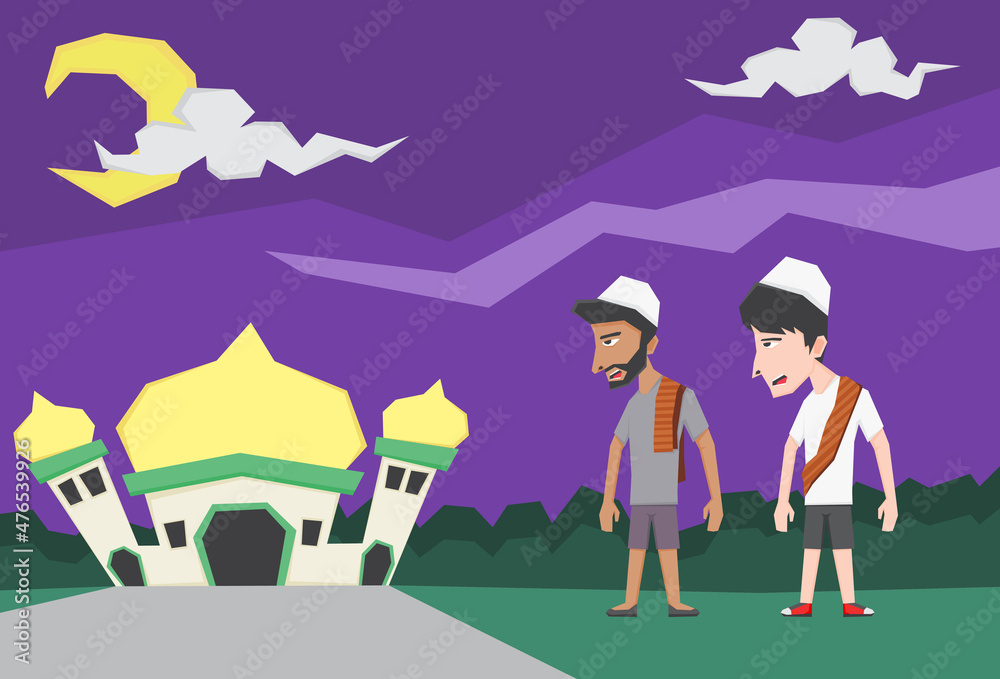 An illustration of two boys heading to the mosque at night An illustration of two boys heading to the mosque at night