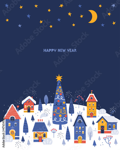 Merry Christmas and Happy New Year. Hand drawn illustration of Christmas tree, town, houses, streets, starry sky for postcard, congratulation, poster. Night City on background a snowy winter landscape