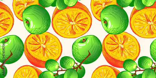 Seamless illustration of orange, grape, apple in bright colors. Illustration for advertising, packaging or publishing recipes. Culinary illustration of fruit