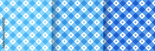 Gingham check seamless pattern. Set of flannel backgrounds. Vichy retro prints. Blue textures with stars. Plaid blanket wallpapers. Simple buffalo backdrop. Cloth textile grid. Vector illustration.