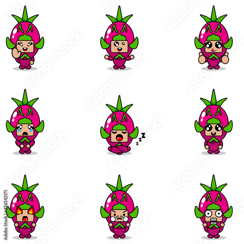vector illustration of cartoon character mascot costume set of dragon fruit expression bundle