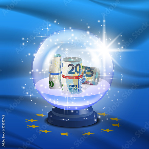 Festive bright 3D glass ball on a stand, inside EU paper money, twisted and tightened with rubber bands. Banknotes of 20 euros. Sparks against the background of the wavy flag of the European Union