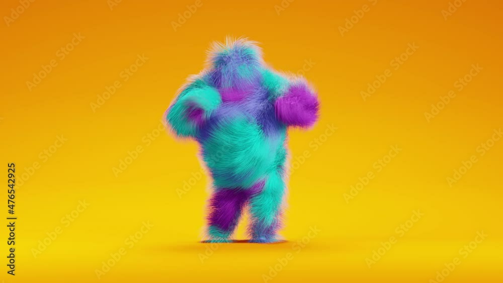 Colorful fur monster dancing samba on yellow background. Fluffy mascot doing funny dance. 3D rendering.
