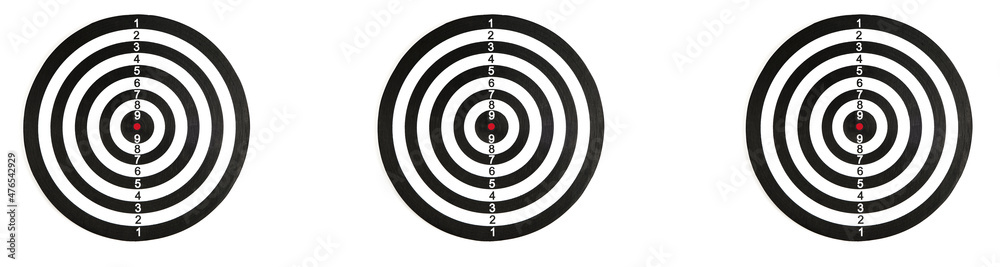 Banner, three goals, three dart boards on a white background.Concept of competition and goal achievement.Achieving goals in business and life. Banner, three goals, three dart boards on a white background.Concept of competition and goal achievement.Achieving goals in business and life.