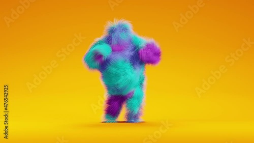 Colorful fur monster dancing samba on yellow background. Fluffy mascot doing funny dance. 3D rendering.