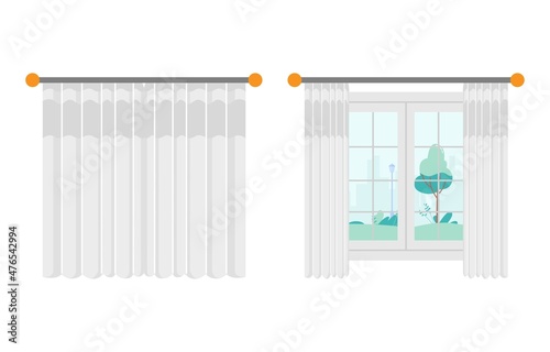 windows with curtain open and close vector illustration with isolated background