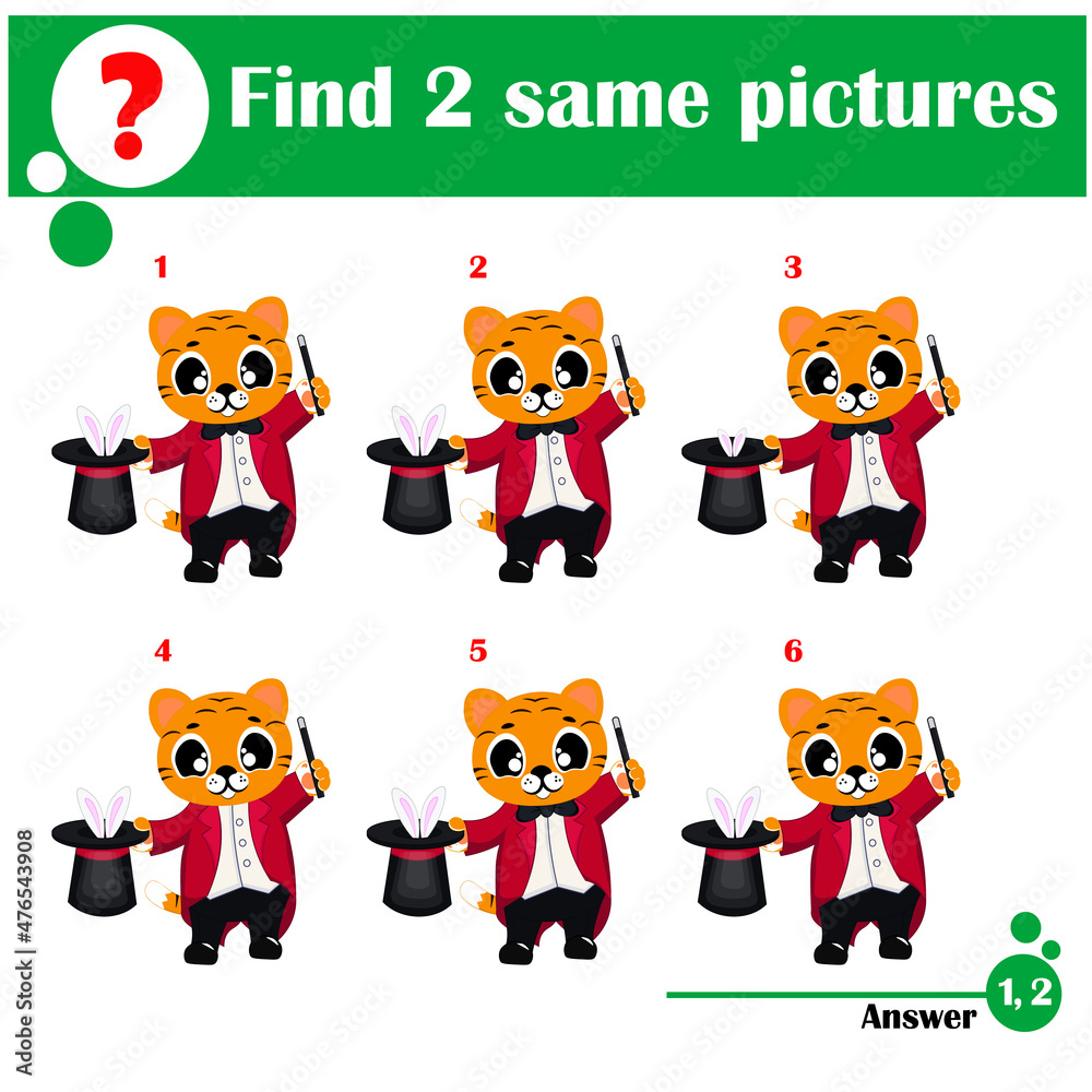 custom made wallpaper toronto digitalChildren educational game. Find two same pictures of cute tiger magician